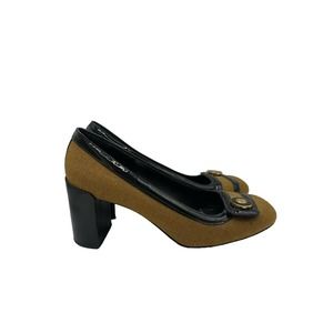 Tory Burch Brown Canvas Black Patent Leather Block Heel Pumps Sz 8